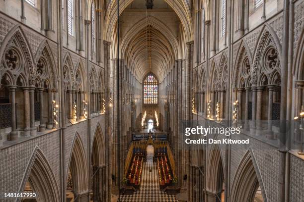 General views inside Westminster Abbey ahead of the King's Coronation on April 12, 2023 in London, England. Westminster Abbey has been used as...