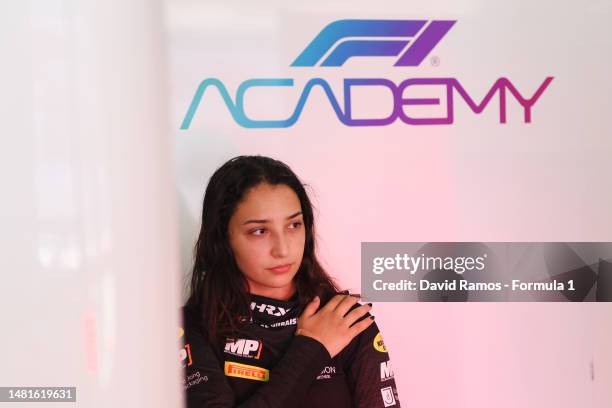 Hamda Al Qubaisi of United Arab Emirates and MP Motorsport looks on in the garage during day two of F1 Academy Testing at Circuit de...