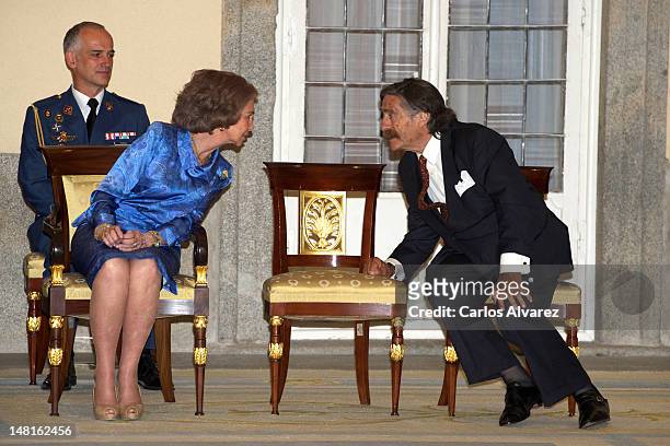 Queen Sofia of Spain and Miguel de la Cuadra Salcedo receive Ruta Quetzal members and young Iberoamerican journalists at El Pardo Palace on July 11,...