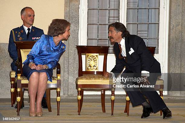 Queen Sofia of Spain and Miguel de la Cuadra Salcedo receive Ruta Quetzal members and young Iberoamerican journalists at El Pardo Palace on July 11,...