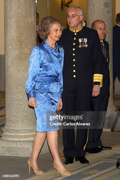 Queen Sofia of Spain receives Ruta Quetzal members and young Iberoamerican journalists at El Pardo Palace on July 11, 2012 in Madrid, Spain.