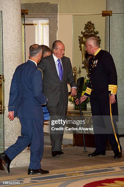 King Juan Carlos of Spain receives Ruta Quetzal members and young Iberoamerican journalists at El Pardo Palace on July 11, 2012 in Madrid, Spain.