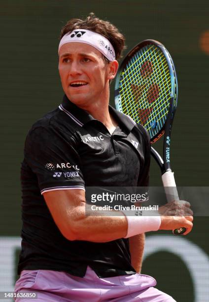 Casper Ruud of Norway plays a forehand against Botic Van De Zandschulp of the Netherlands in their second round match during day four of the Rolex...