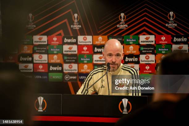 Manager Erik ten Hag of Manchester United speaks during a press conference ahead of their UEFA Europa League quarterfinal first leg match against...