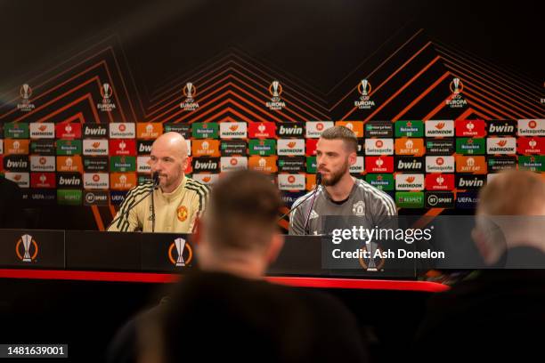 Manager Erik ten Hag of Manchester United speaks during a press conference ahead of their UEFA Europa League quarterfinal first leg match against...