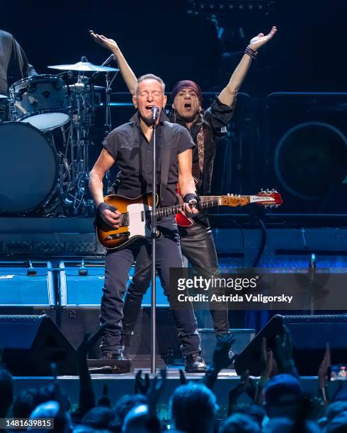 Bruce Springsteen and Steven Vam Zandt perform with the E Street Band at UBS Arena on April 11, 2023 in Elmont, New York.