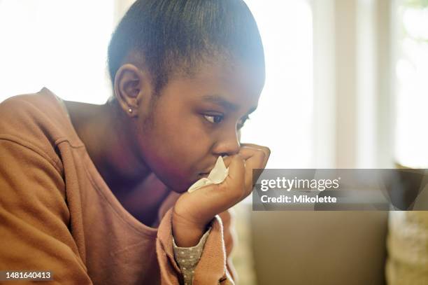 black girl, teenager and depression with stress, sad adolescent with mental health and trauma counselling. psychology therapy, anxiety and depressed female teen thinking of problem or unhappy crisis - grief loss stock pictures, royalty-free photos & images