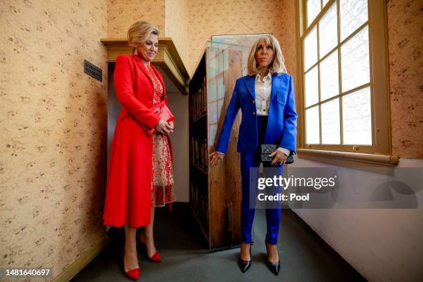 Queen Maxima of The Netherlands and French First Lady Brigitte Macron visit the Anne Frank House on April 12, 2023 in Amsterdam, Netherlands. The...