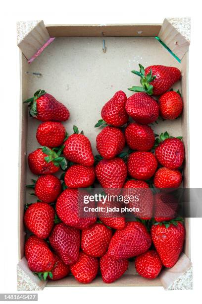 wooden rectangular box filled with strawberries - yogurt swirl stock pictures, royalty-free photos & images