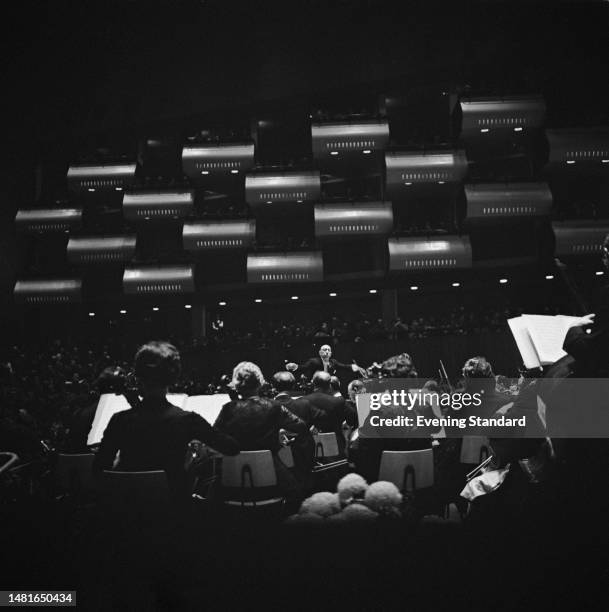 Russian composer Igor Stravinsky conducting the BBC Symphony Orchestra in a performance of 'Oedipus Rex' at the Royal Festival Hall in London on...