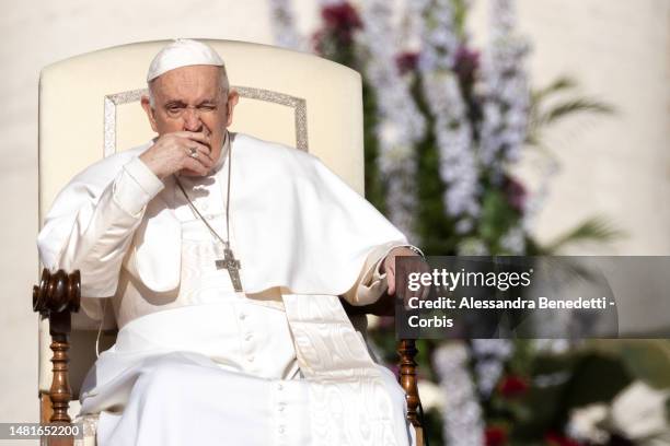 Pope Francis leads his general Weekly audience at St. Peter's Square, on April 12, 2023 in Vatican City, Vatican. Pope Francis renewed his prayers...