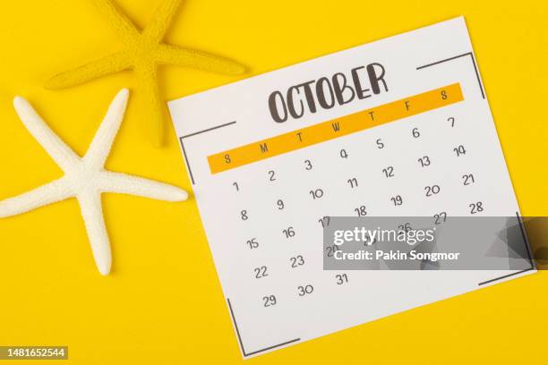 calendar desk 2023: october is the month for the organizer to plan and deadline with a starfish against a yellow paper background. - desk calendar stock pictures, royalty-free photos & images