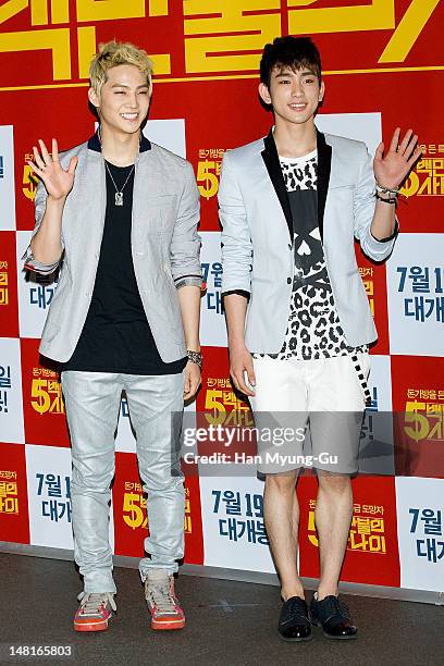 And Jr. Of South Korean boy band JJ Project attend the 'A Millionaire On The Run' VIP screening on July 11, 2012 in Seoul, South Korea. The film will...