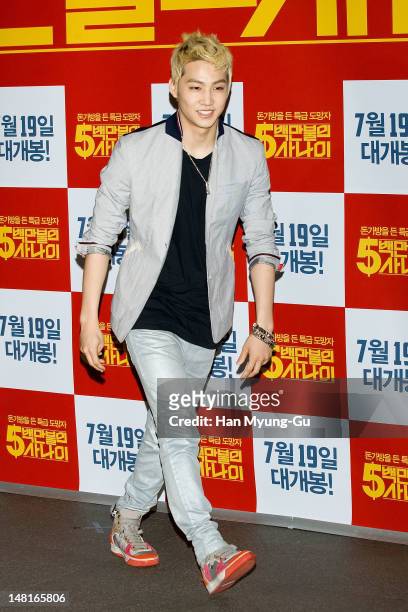 Of South Korean boy band JJ Project attends the 'A Millionaire On The Run' VIP screening on July 11, 2012 in Seoul, South Korea. The film will open...