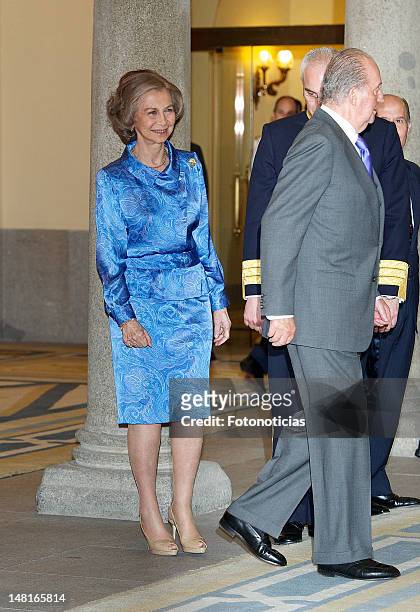 Queen Sofia of Spain and King Juan Carlos of Spain attend a reception to members of the 'Ruta Quetzal BBVA 2012' expedition at El Pardo Palace on...