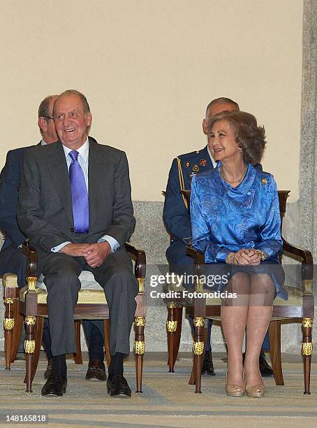 King Juan Carlos of Spain and Queen Sofia of Spain attend a reception to members of the 'Ruta Quetzal BBVA 2012' expedition at El Pardo Palace on...