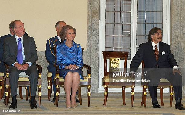 King Juan Carlos of Spain, Queen Sofia of Spain and Miguel de la Cuadra Salcedo attend a reception to members of the 'Ruta Quetzal BBVA 2012'...