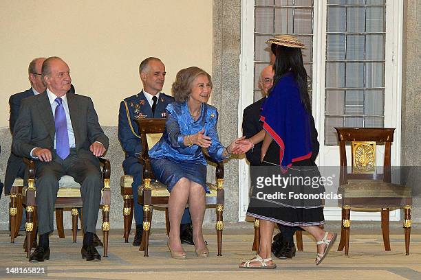 King Juan Carlos of Spain and Queen Sofia of Spain attend a reception to the 'Ruta Quetzal BBVA 2012' expedition members at El Pardo Palace on July...