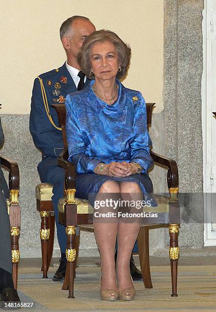 Queen Sofia of Spain attends a reception to the 'Ruta Quetzal BBVA 2012' expedition members at El Pardo Palace on July 11, 2012 in Madrid, Spain.