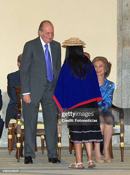 King Juan Carlos of Spain and Queen Sofia of Spain attend a reception to the 'Ruta Quetzal BBVA 2012' expedition members at El Pardo Palace on July...