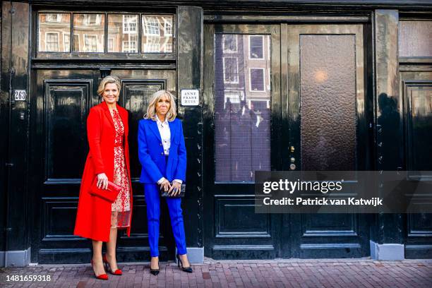 Queen Maxima of The Netherlands and French First Lady Brigitte Macron visit Anne Frank House on April 12, 2023 in Amsterdam, Netherlands. The French...