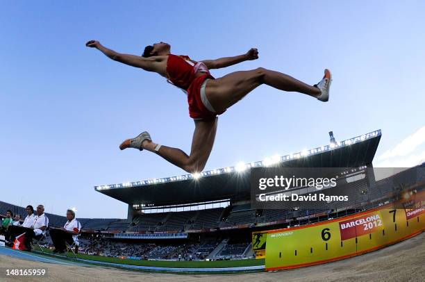 Haibing Huang of China competes during the Men's Long Jump final on day two of the 14th IAAF World Junior Championships at Estadi Olimpic Lluis...