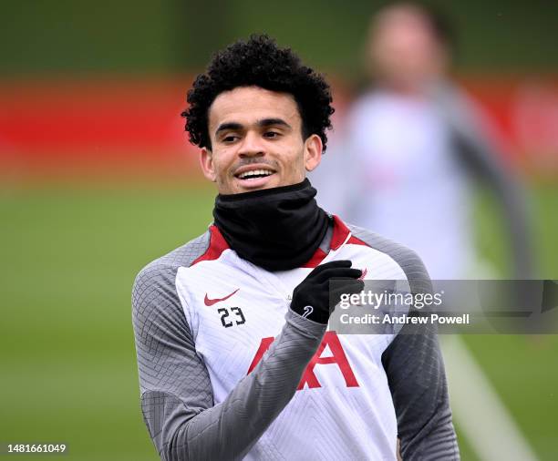 Luis Diaz of Liverpool during a training session at AXA Training Centre on April 12, 2023 in Kirkby, England.