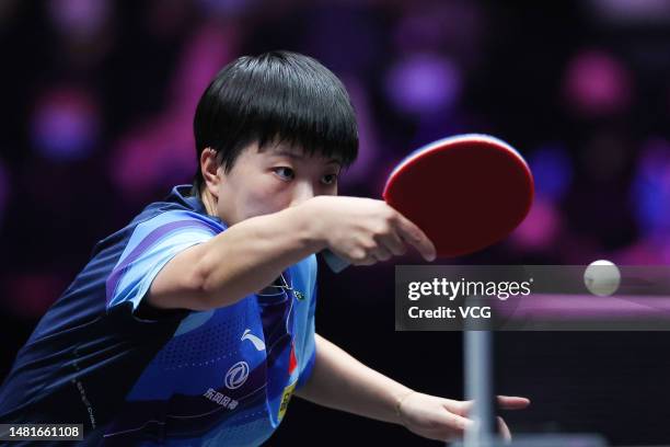 Wang Yidi of China competes against Cheng I-ching of Chinese Taipei in their Women's Singles Round of 16 match on day four of WTT Champions Xinxiang...