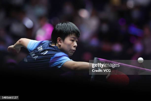 Wang Yidi of China competes against Cheng I-ching of Chinese Taipei in their Women's Singles Round of 16 match on day four of WTT Champions Xinxiang...