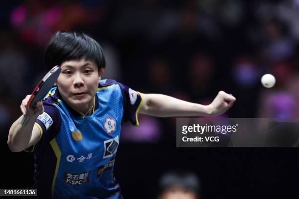 Cheng I-ching of Chinese Taipei competes against Wang Yidi of China in their Women's Singles Round of 16 match on day four of WTT Champions Xinxiang...