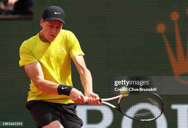 Jannik Sinner of Italy plays a backhand against Diego Schwartzman of Argentina in their second round match during day four of the Rolex Monte-Carlo...