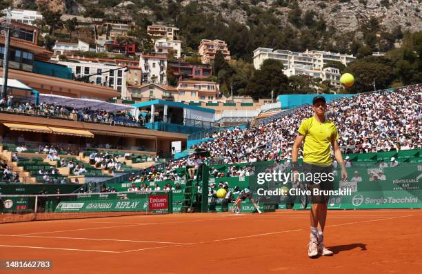 Jannik Sinner of Italy prepares to serve against Diego Schwartzman of Argentina in their second round match during day four of the Rolex Monte-Carlo...