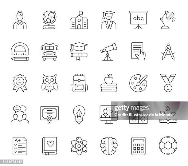ilustraciones, imágenes clip art, dibujos animados e iconos de stock de iconos de línea de trazo editables para educación - estudiando flexo