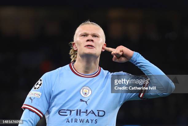 Erling Haaland of Manchester City celebrates after scoring the third goal during the UEFA Champions League quarterfinal first leg match between...