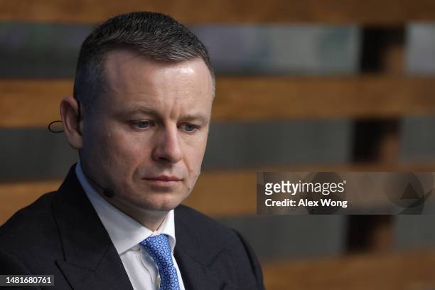 Minister of Finance of Ukraine Sergii Marchenko listens during a panel discussion on "Governing Effectively During Challenging Times" at the annual...