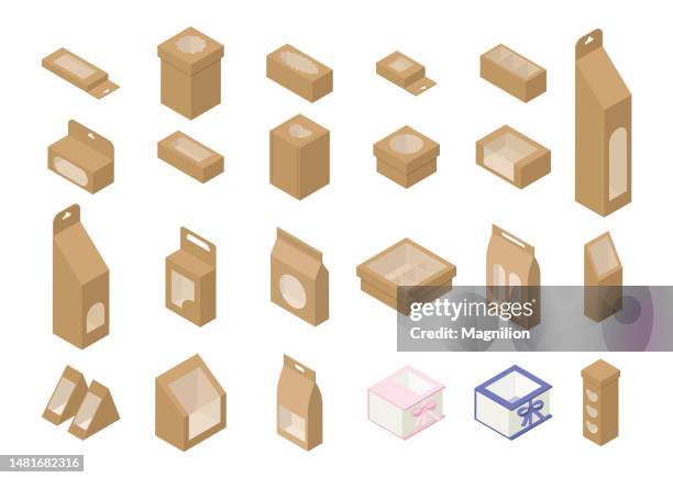 papiertüten und schachtel mit einsteckfenster, isometrischer vektorsatz - gefaltet stock-grafiken, -clipart, -cartoons und -symbole