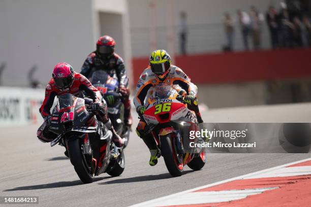 Aleix Espargaro of Spain and Aprilia Racing leads the field during the MotoGP race during the MotoGP Of Portugal - Race at Autodromo do Algarve on...