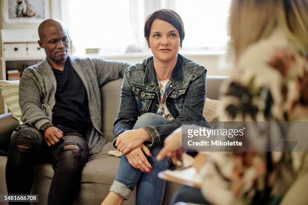 therapy, advice and psychology with interracial couple and therapist for consulting, divorce and support. marriage,  breakup and sad with black man and woman with expert for crisis, grief and support - crisis response team stock pictures, royalty-free photos & images
