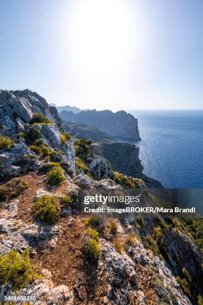 view of rocky cliffs and sea, cap formentor, coastal landscape, pollenca, majorca, balearic islands, spain - puerto pollensa stock-fotos und bilder