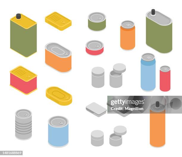 ilustrações, clipart, desenhos animados e ícones de metal latas de estanho isometric vector set - conserva