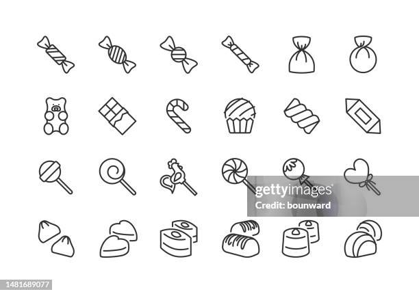 stockillustraties, clipart, cartoons en iconen met sweets and candy line icons editable stroke - karamel