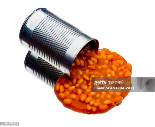 baked beans spilled - open tin can stock pictures, royalty-free photos & images
