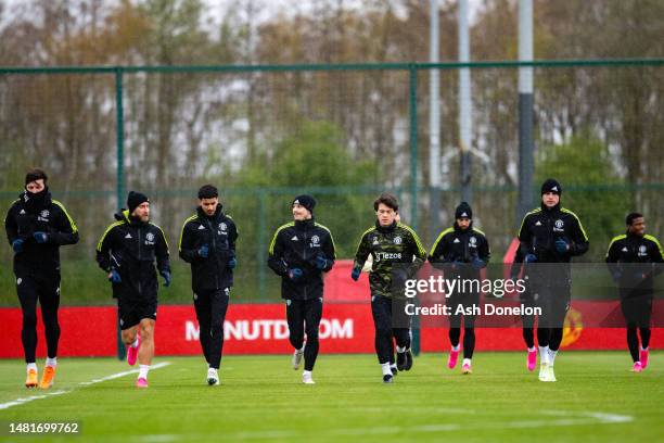 Harry Maguire, Christian Eriksen, Zidane Iqbal, Marcel Sabitzer, Facundo Pellistri, Brandon Williams of Manchester United in action during a first...