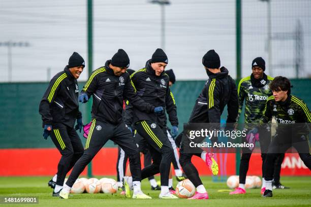 Anthony Martial, Casemiro, Victor Lindelof, Bruno Fernandes of Manchester United in action during a first team training session ahead of their UEFA...