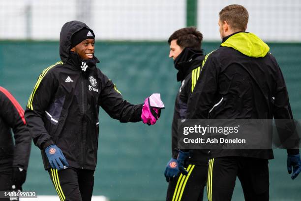 Aaron Wan-Bissaka of Manchester United in action during a first team training session ahead of their UEFA Europa League quarterfinal first leg match...