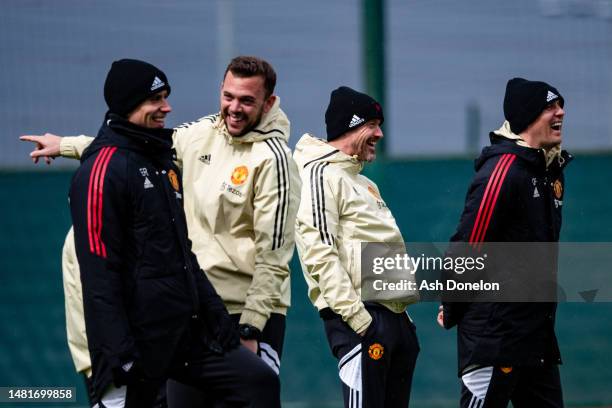 Manager Erik ten Hag of Manchester United in action during a first team training session ahead of their UEFA Europa League quarterfinal first leg...