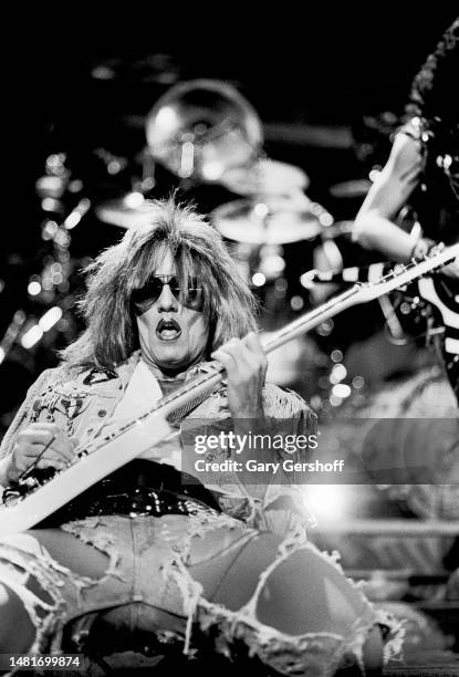 American Heavy Metal musician Jay Jay French , of the band Twisted Sister, plays guitar as he performs onstage at Radio City Music Hall, New York,...