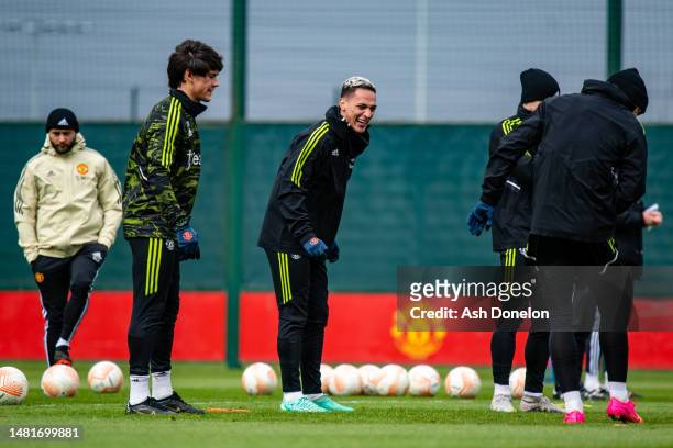 Facundo Pellistri, Antony of Manchester United in action during a first team training session ahead of their UEFA Europa League quarterfinal first...
