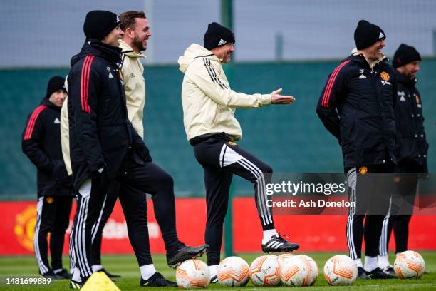 Manager Erik ten Hag of Manchester United in action during a first team training session ahead of their UEFA Europa League quarterfinal first leg...