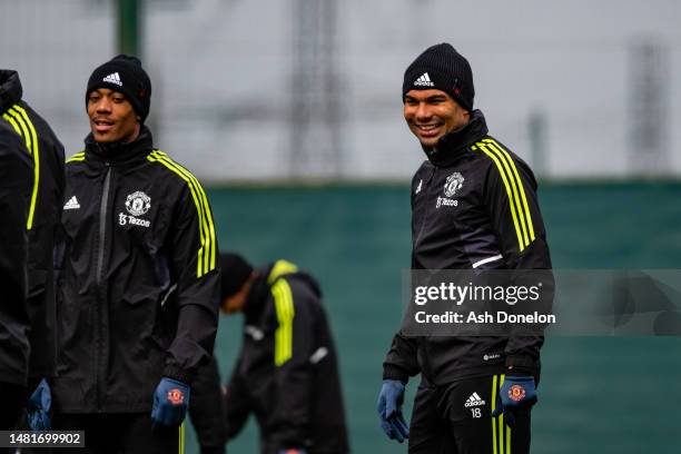 Casemiro of Manchester United in action during a first team training session ahead of their UEFA Europa League quarterfinal first leg match against...